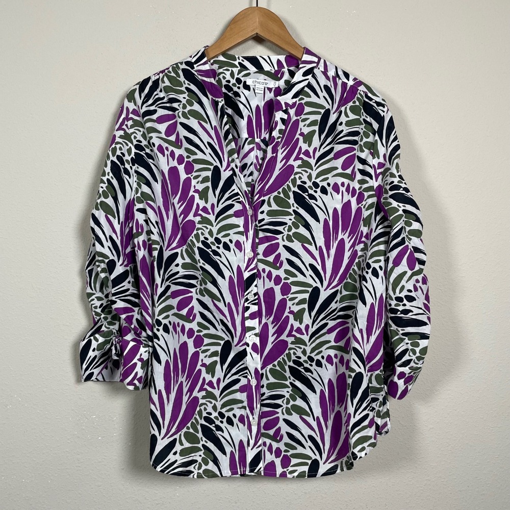 Chico's Cotton Button Front Blouse Womens 3.5 US 18 Purple Green Abstract Print
